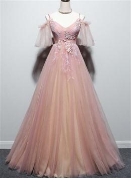 Picture of Pink Tulle V-neckline Floral Long Formal Dresses, Pink Straps Party Dresses